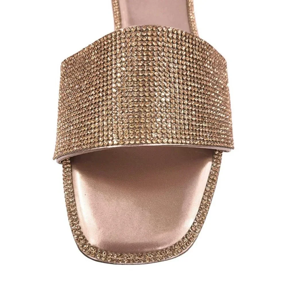 NIkki Women's Rhinestone Slide‎ Sandals Open Toe Flat Slip on Rose Gold Sz 6